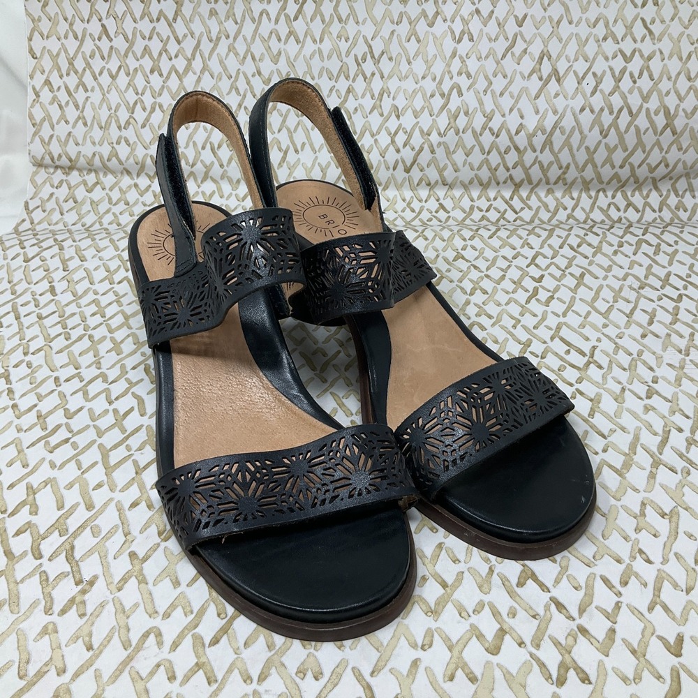 Brioso of‎ Brazil Paloma Black Leather Laser Cut Slingback Sandals Heels Size 9